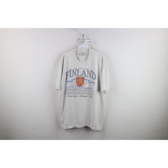 Vintage 90s Mens XL Spell Out Suomi Finland Reindeer Nature T-Shirt Heather Gray - Picture 1 of 16